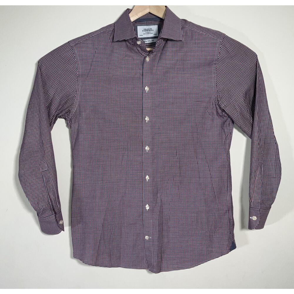 Charles‎ Tyrwhitt Shirt XL Blue Burgundy Gingham Check Button-Up Dress Casual